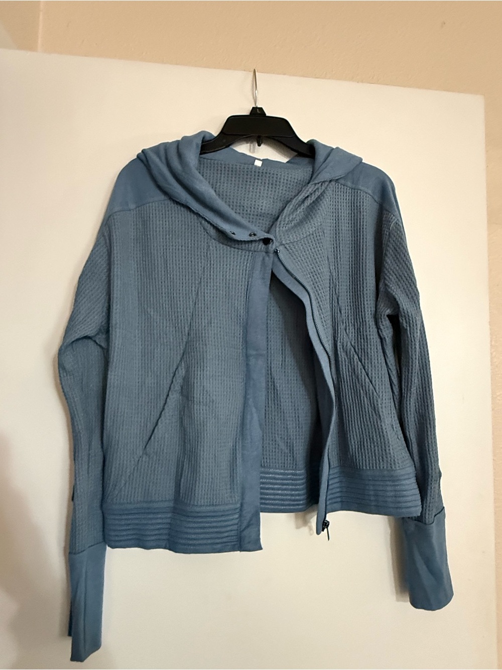 Women’s Blue Waffle Knit Asymmetrical Zip Hooded Jacket Size Small